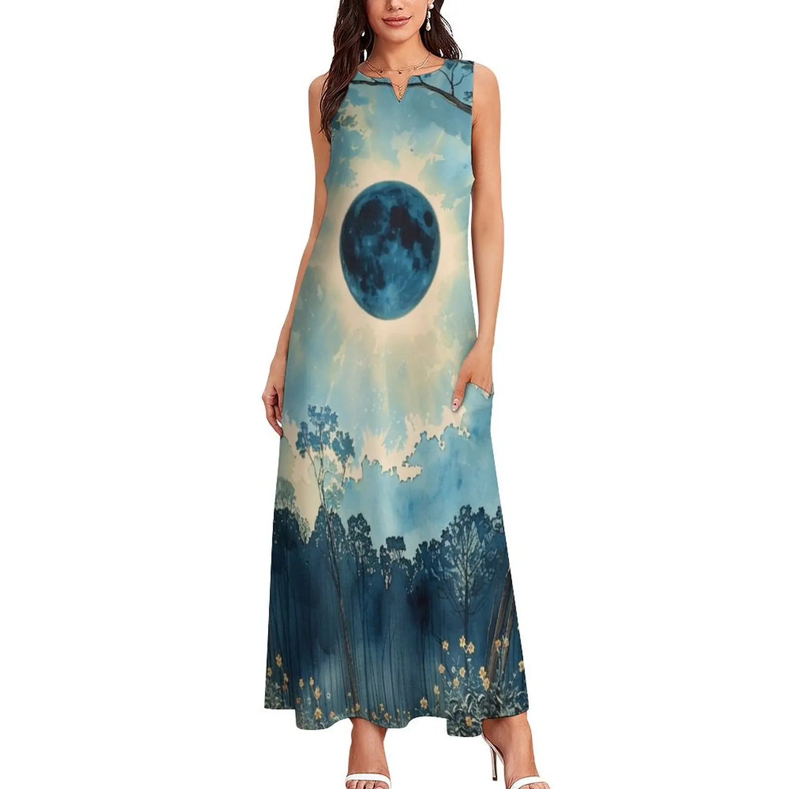 Eclipse over Pine Woods in Watercolor Long Dress party dress women elegant luxury elegant dresses plus sizes Dress