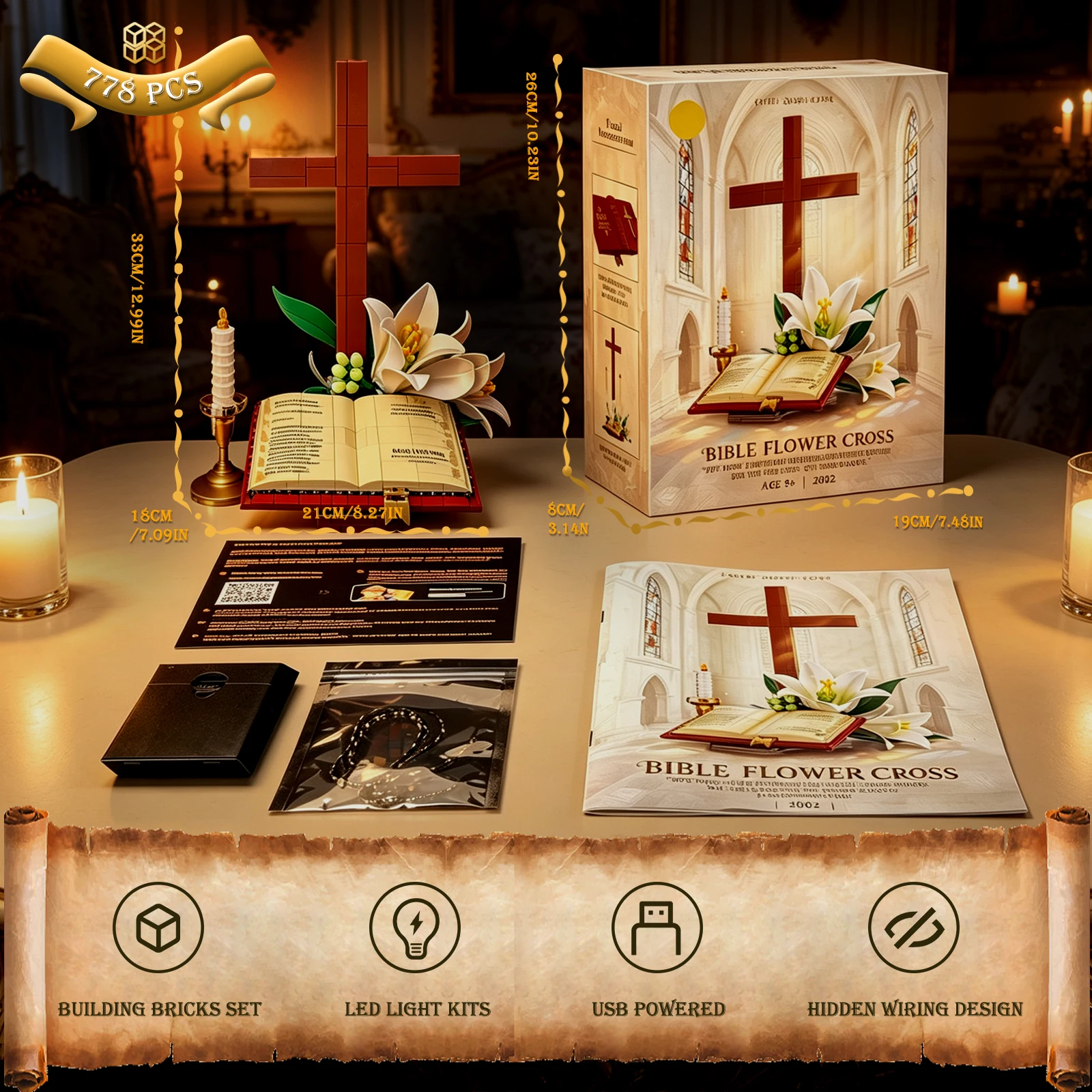 Ensemble de blocs de construction MOC Croix et Fleur de Lys de la Sainte Bible, Jouets de puzzle 3D religieux Jésus en briques pour décoration de bureau, Cadeau de Pâques