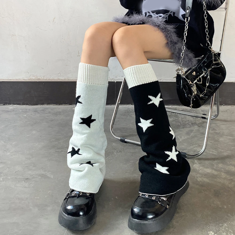 Y2K Star Knitted Wide Foot Cover Arm Warmer JK Lolita Leg Warmers Women Long Socks Crochet Heap Socks Boot Cuffs Stockings Decor