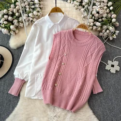 Nomikuma 2024 Spring Autumn New Shirt Top Women's Sweater Set Knitted Vest Shirt Stylish Korean Two Piece Sets