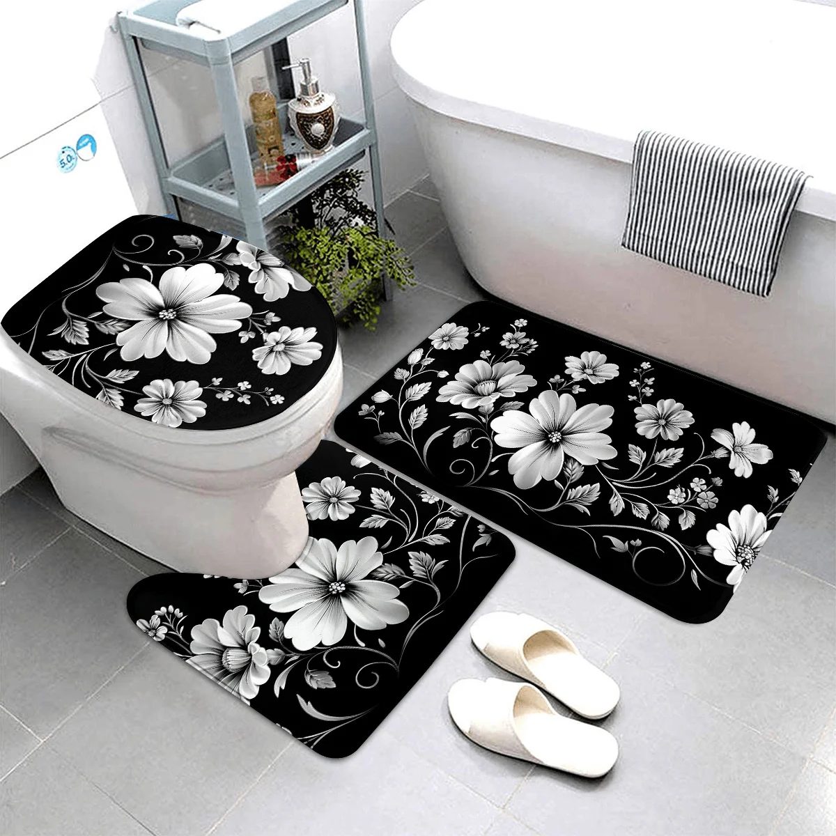 

3-Piece Floral Black and White Bathroom Rug Set, Polyester Bath Mat, Machine Washable, with Contour Mat and Toilet Seat Cover