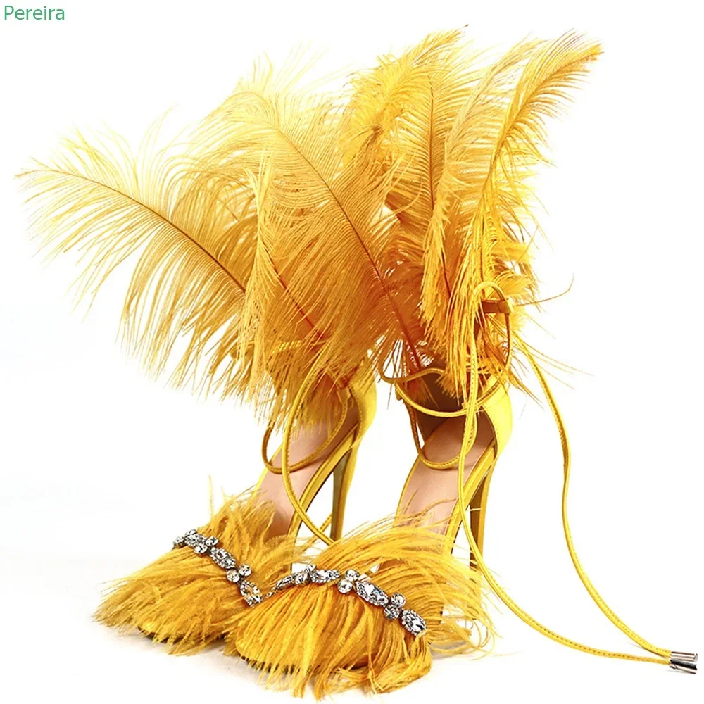 Rose Red Rhinestone Feather Sandals Summer Women's Lace-up Solid Thin High Heel Round Toe Fashion Sexy Party Nightclub Shoes
