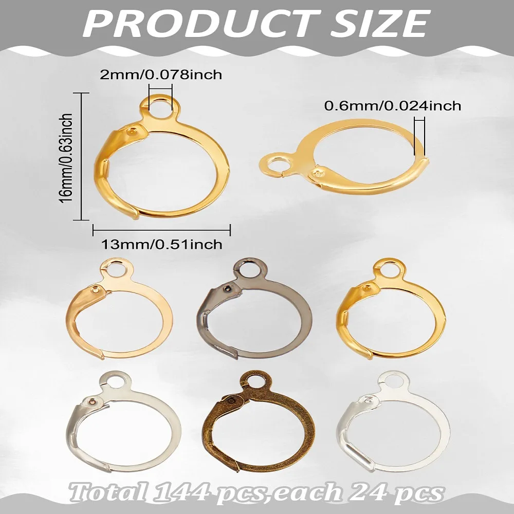 

1set 144pcs 6 colors Brass Leverback Earring Findings Ring Mixed color 16x13x1.8mm Hole: 1.9mm Pin: 0.6mm 24pcs/color