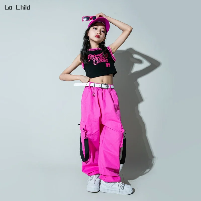 Girls Sweet Crop Tank Top Hip Hop Cargo Pants Clothes Set Kids T-shirt Street Dance Joggers Child Streetwear Teen Lovely Costume