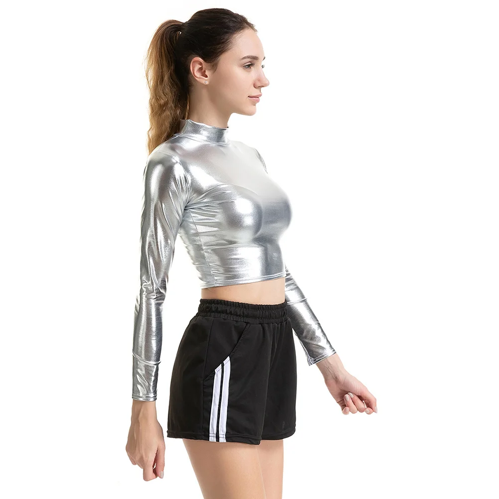 シルバー長袖ビスチェパテントパフォーマンスコスチュームナイトクラブステージ服女性サイズXL光沢のあるセクシーなコスチューム