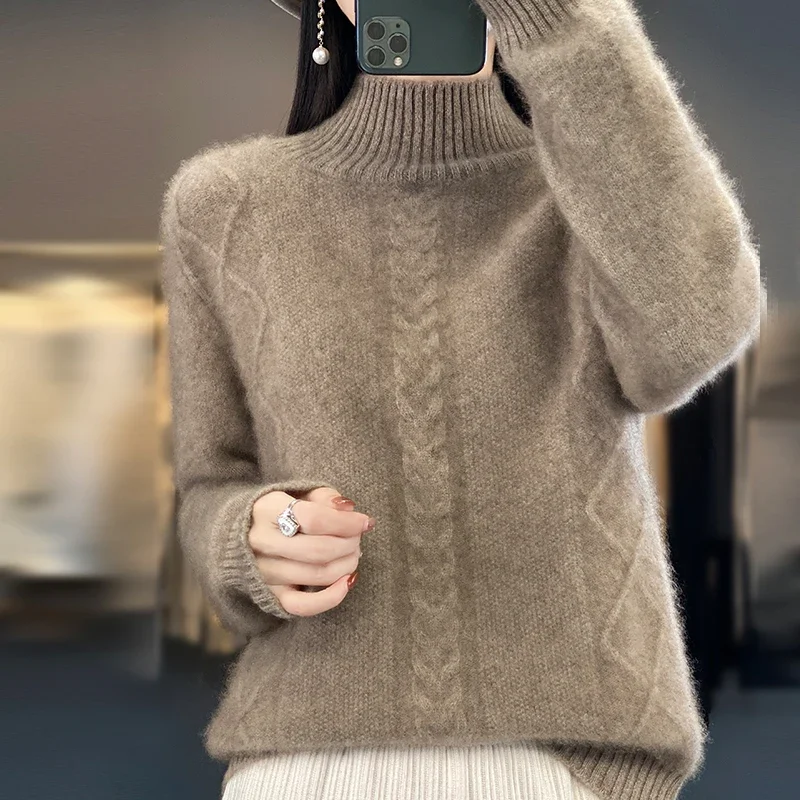 

Pure Wool Sweater Women's Autumn And Winter New Semi High Neck Knitted Base Sweater Lazy Style Loose Solid Color Sweater