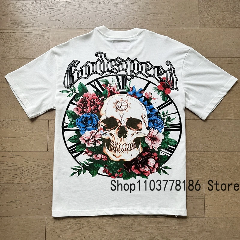 Trend Brand Skull Print Godspeed T-shirts Male Female Couples Loose Rap Rock Streetwear Tops Tee Summer New Short Sleeve