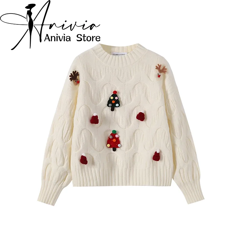 Women Christmas Pullover Knitted Sweater Y2k Fashion Harajuku Korean Vintage O-Neck Long Sleeves Red Sweaters 2000s Clothes 2024