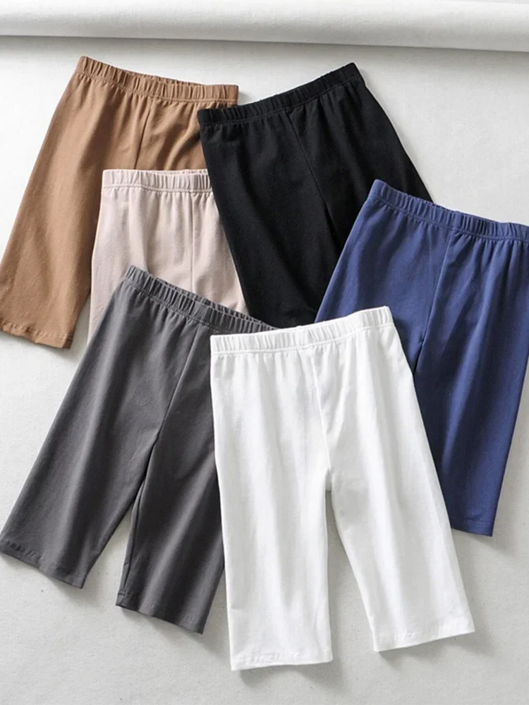 sexy women cotton high waist elastic pure color slim Knee-Length biker shorts female