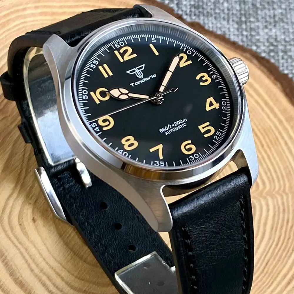 Tandorio 39mm Black Dial Sapphire Glass 20ATM Diving NH35A PT5000 Automatic Pilot Brushed Men Watch Leather Strap