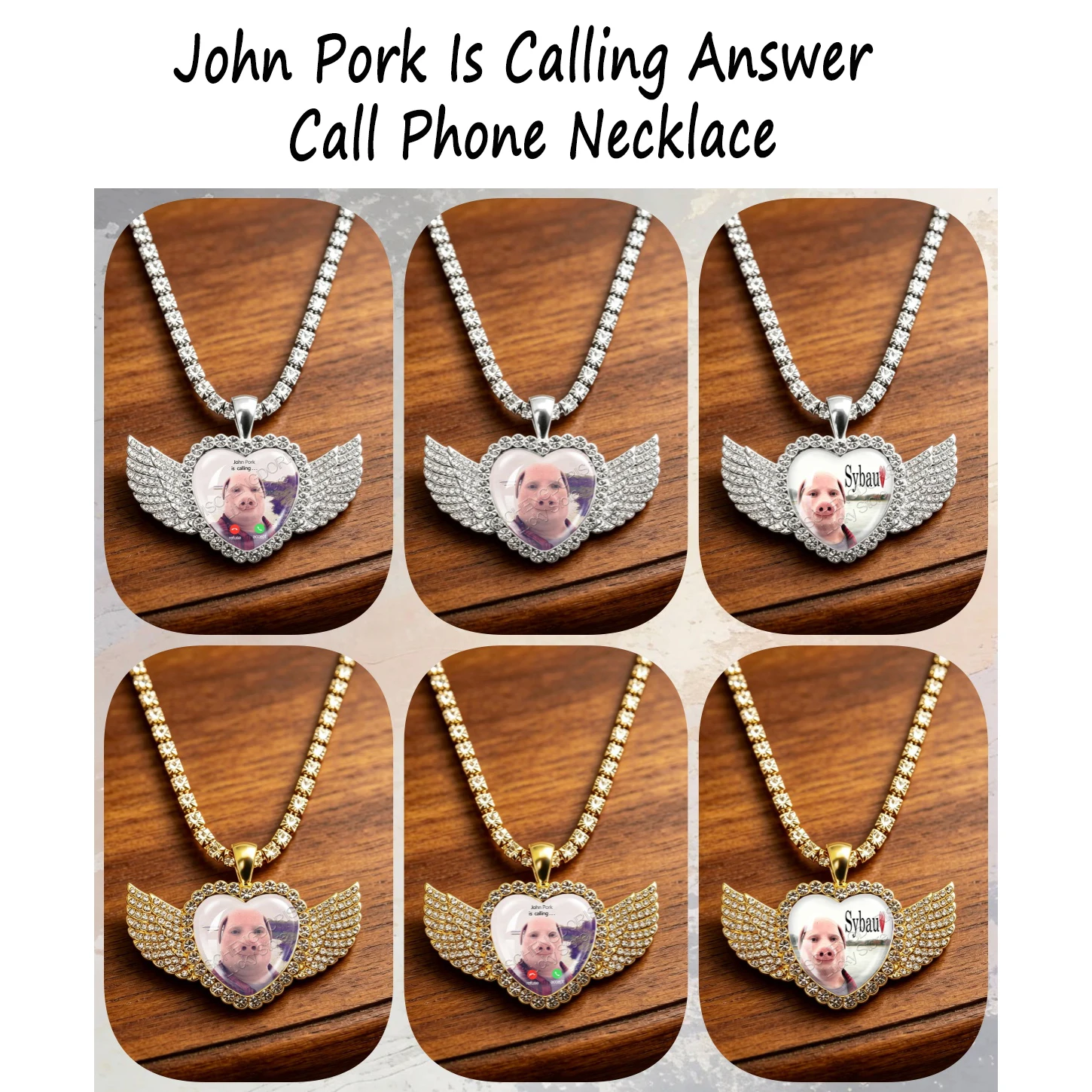 For John Pork Is Calling Answer Call Phone Necklace Sybau Meme Funny Angel Wings Peach Heart Pendant Necklace Charm Jewelry Gift