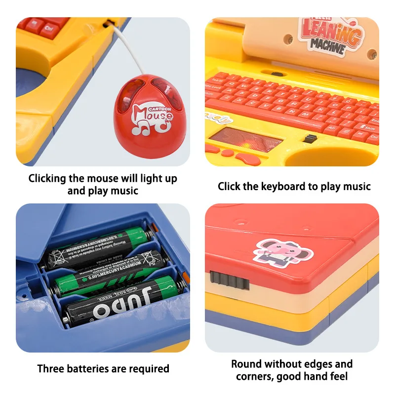 Modelo de ordenador portátil de simulación de dibujos animados, juguetes con música, ratón retráctil, teclado, cuaderno, juguetes educativos para edades tempranas
