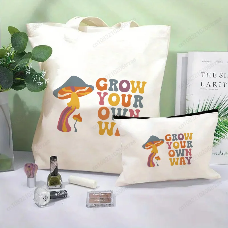 

Mushroom Magic Psychedelic Tote Bag Set,Canvas Shoulder Bag with Clutch Coin Purse, Portable Shopping Bag Travel Storage Bag