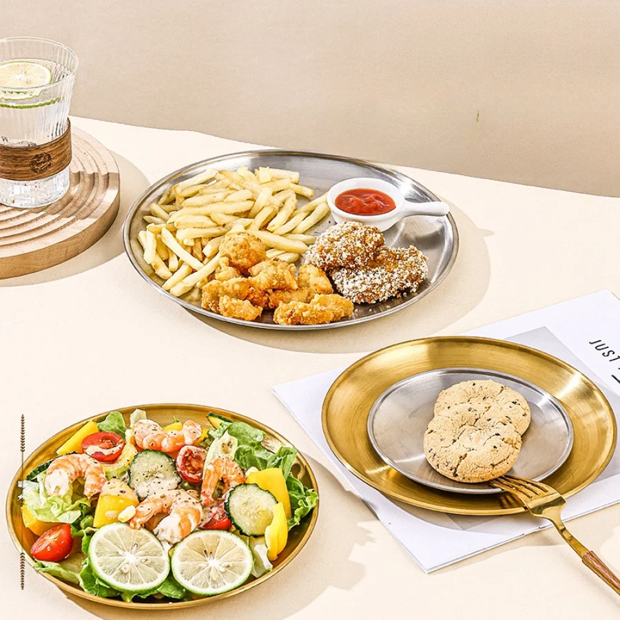 Stainless Steel Metal Dining Disc Round Bone Spitting Dish High Quality Shallow Tray Gold Silver Fruit Meat Tableware