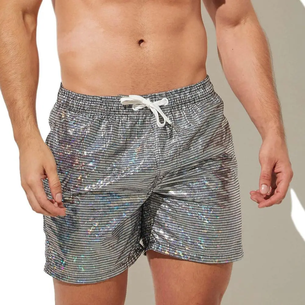 Shorts de cordão estampado metálico masculino, shorts de ginástica com lantejoulas com cintura elástica, corrida fitness de secagem rápida, praia macia