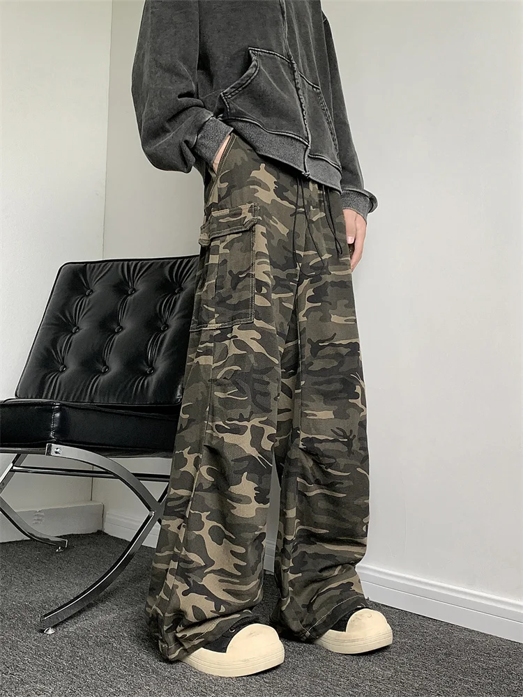 

American Retro Camouflage Work Pants Men's Street Hiphop Loose Wide Leg Jeans Dstring Casual Trousers for Teenagers