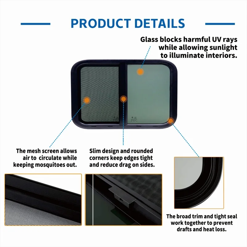 Tempered Glass RV Window, 500 x 300 mm Sliding Aluminum Alloy Caravan Side Window with Fly Net, for Trailer Camper Van Motorhome