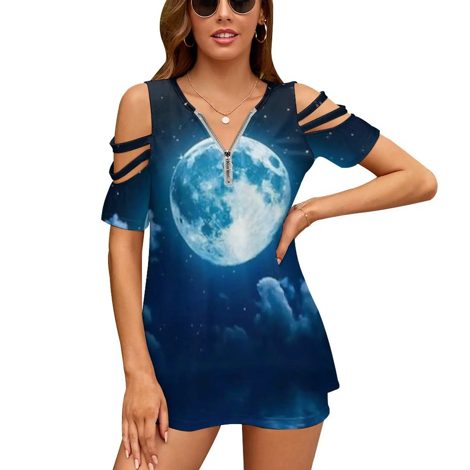 Full Moon Reflection Women's T-Shirt New Fashion Printed Zipper V-Neck Short Sleeve T Shirts Casual Plus Size Lunar Full Moon