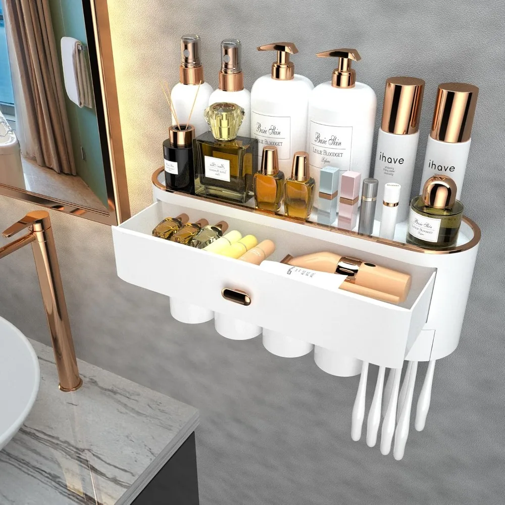 

iHave Toothbrush Holders for Bathrooms, 4 Cups Toothbrush Holder Wall Mounted with Large Capacity Drawer and Tray - Bathroom