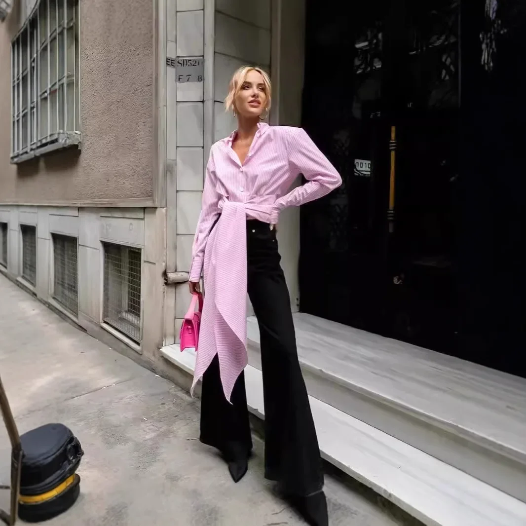 

Полосатая рубашка французского дизайна из смеси хлопка и полиэстера на пуговицах, женская рубашка с коротким рукавом и длинным рукавом, офисная мода, повседневная одежда