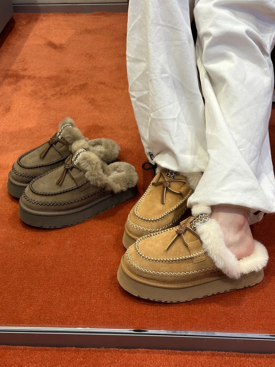 

Женские меховые тапочки на подкладке, кожаные зимние ботинки Thi Bot, повседневные домашние и уличные тапочки без шнуровки