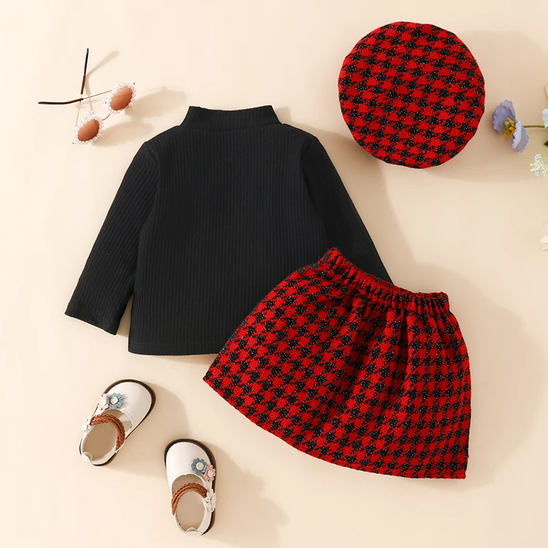 Toddler Baby Girl Fall Outfit Ribbed Knit Long Sleeve Crewneck Tops Plaid T Mini Skirt Beret 3Pcs Clothes Set