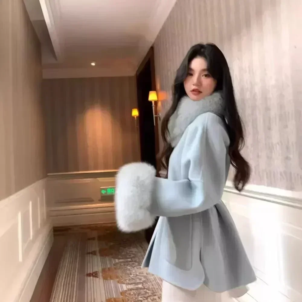 Ortbuy outono inverno novo casaco de pele de raposa gola jaqueta feminina dupla face casaco de lã pequeno dupla face casaco de caxemira feminino