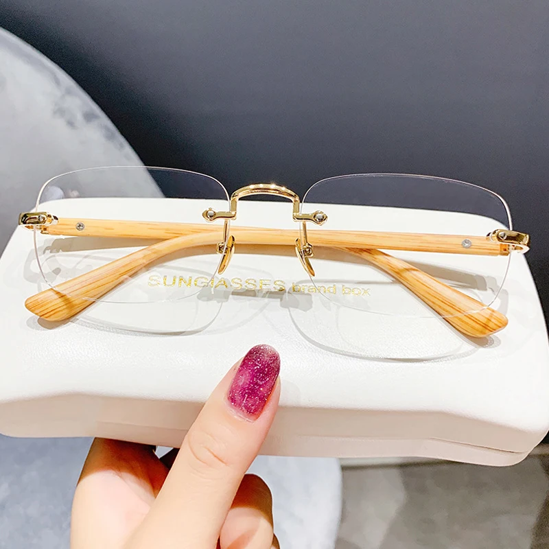 Rimless Finished Myopia Glasses Retro Anti-blue Light Myopic Eyeglasses Women Men Unisex Wood Grain Frame Diopter 0 -1.0 To -4.0