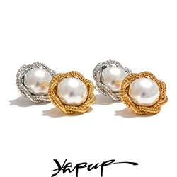 Yhpup Fashion Simulated-Pearl Round Flower Stud Earrings for Women 316L Stainless Steel Elegant Charm Jewelry Accessories Gift