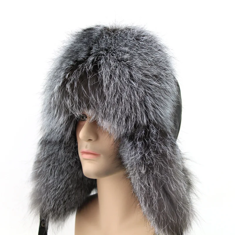 Шапка из натурального меха, мужская зимняя шапка из овчины, меховая шапка, мужская шапка-бомбер из лисьего меха, шапка-бомбер из серебряной лисы