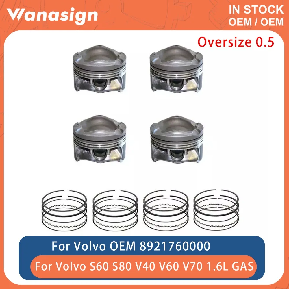 Engine 4PCS Piston With Ring Kit 79.50mm STD Oversize 0.5 Fit 1.6 L For Volvo S60 S80 V40 V60 V70 B4164T3 B4164T4 1.6L GAS 01-22