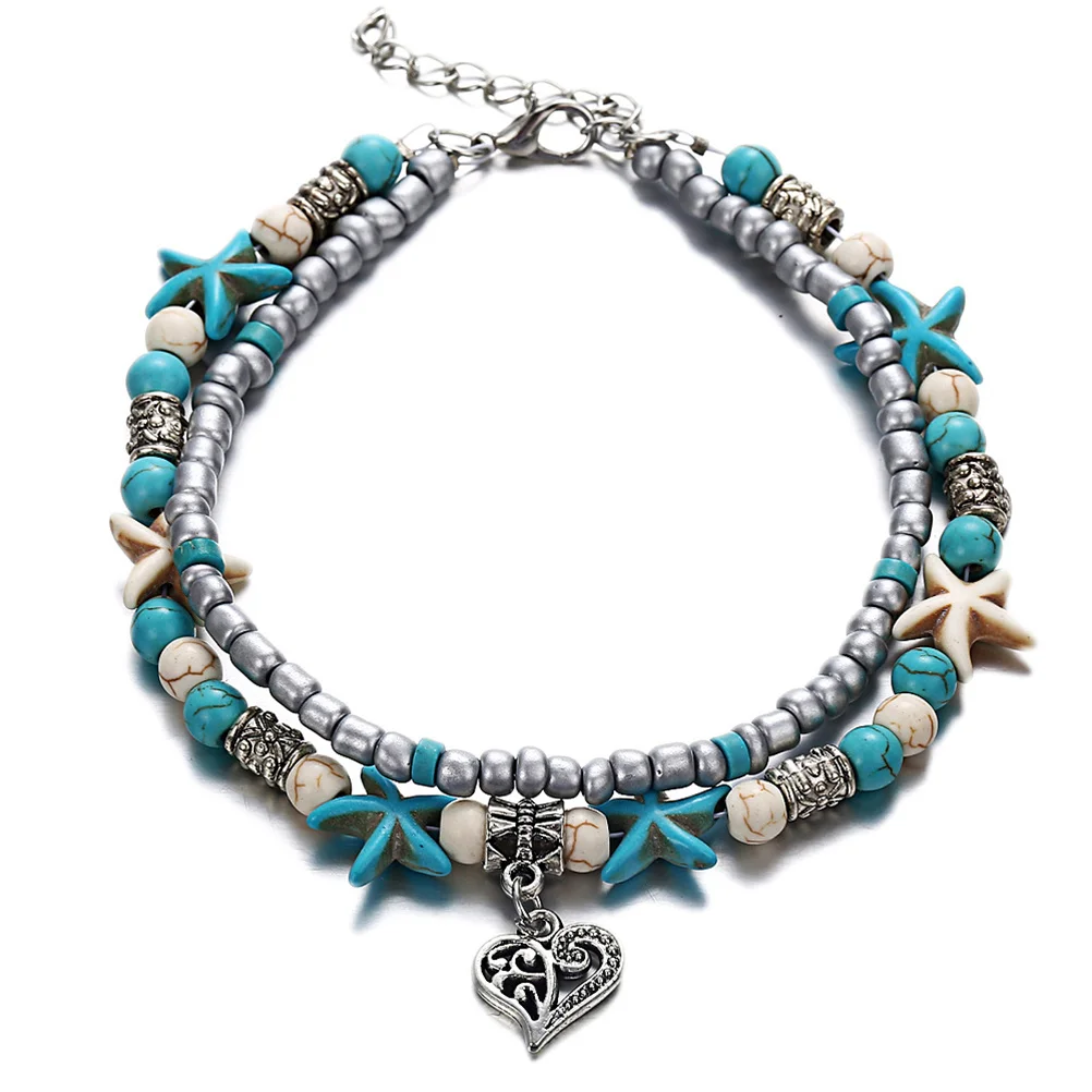 

Peach Heart Pendant Bracelet Women's Foot Chain Alloy Anklets Fashion Beach Multi-layer Blue Miss