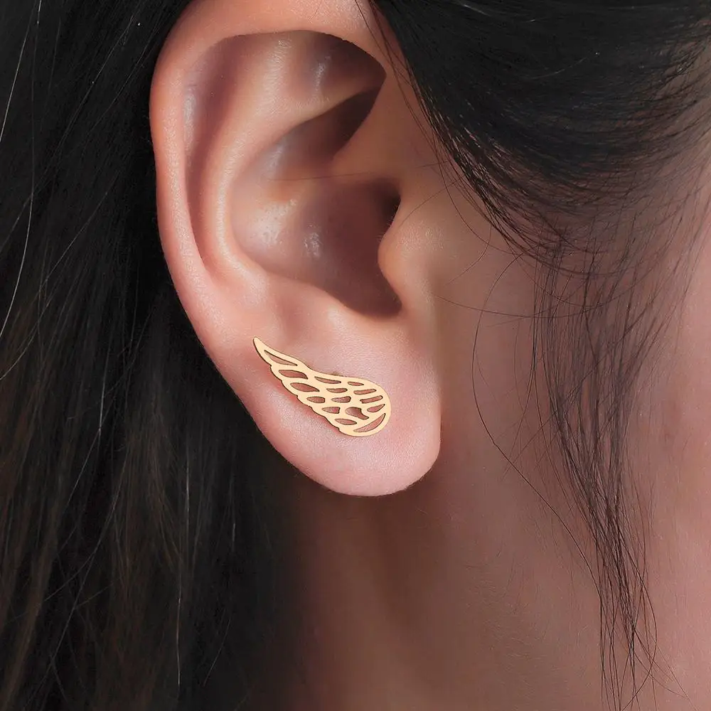 QIAMNI Stainless Steel Minimalist Wings Stud Earring for Women Men Birthday Gifts Ear Climbers Party Jewelry Pendientes Brincos