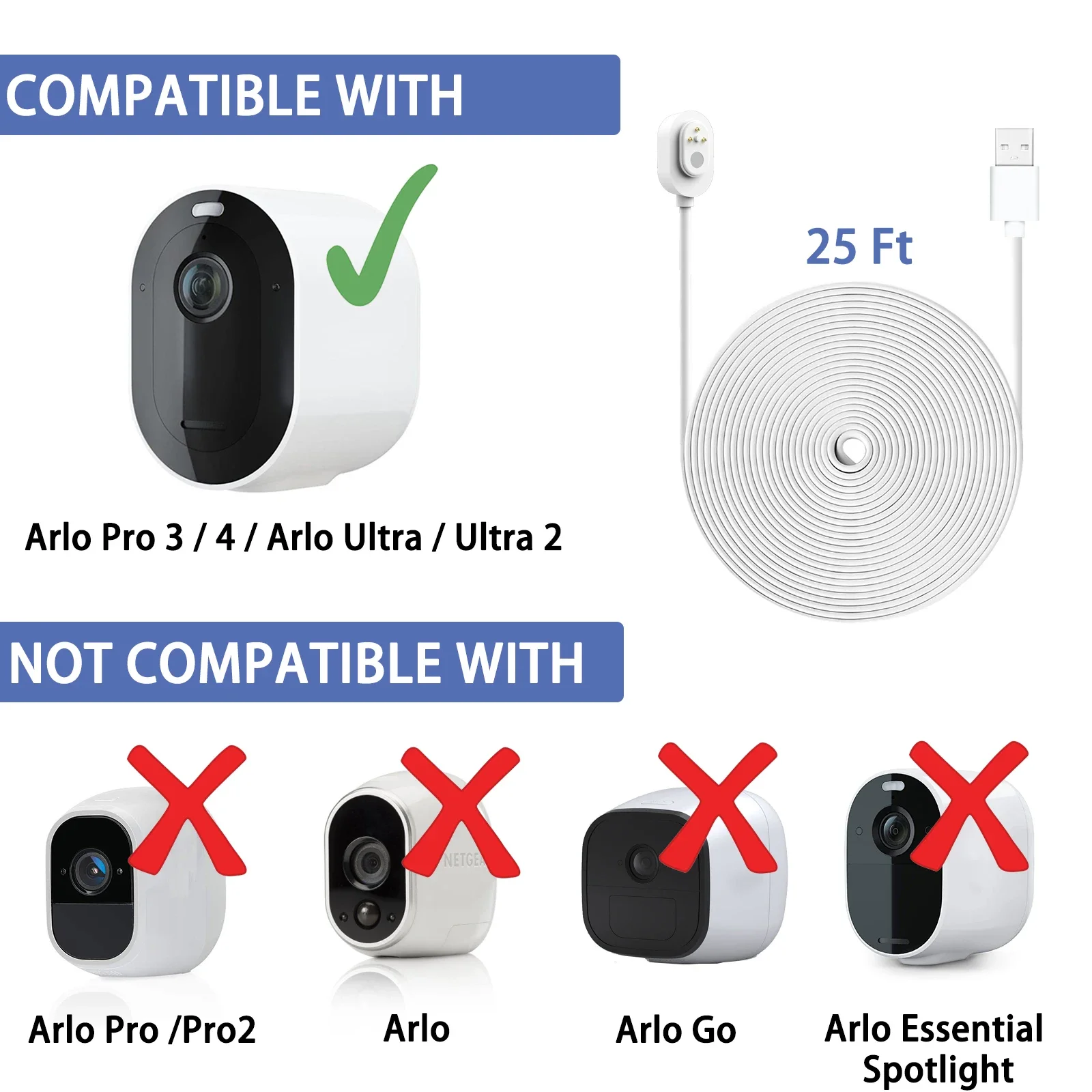 Câble de chargement extérieur résistant aux intempéries de 25 pieds/7,6 m pour Arlo Ultra/Ultra 2/Pro 3/Pro 4/Go 2/PRO 5S (blanc)