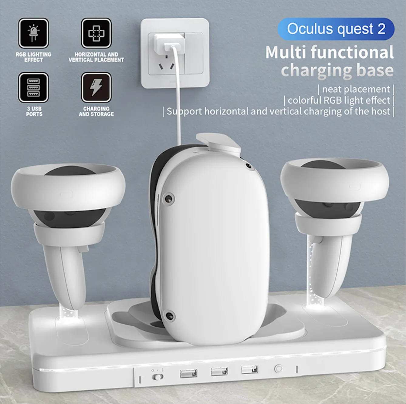 

VR Charging Station for Oculus/Meta Quest 2,Quest3&Quest3S VR Accessories Charging Station with 3 USB&Adjustable RGB Marquee