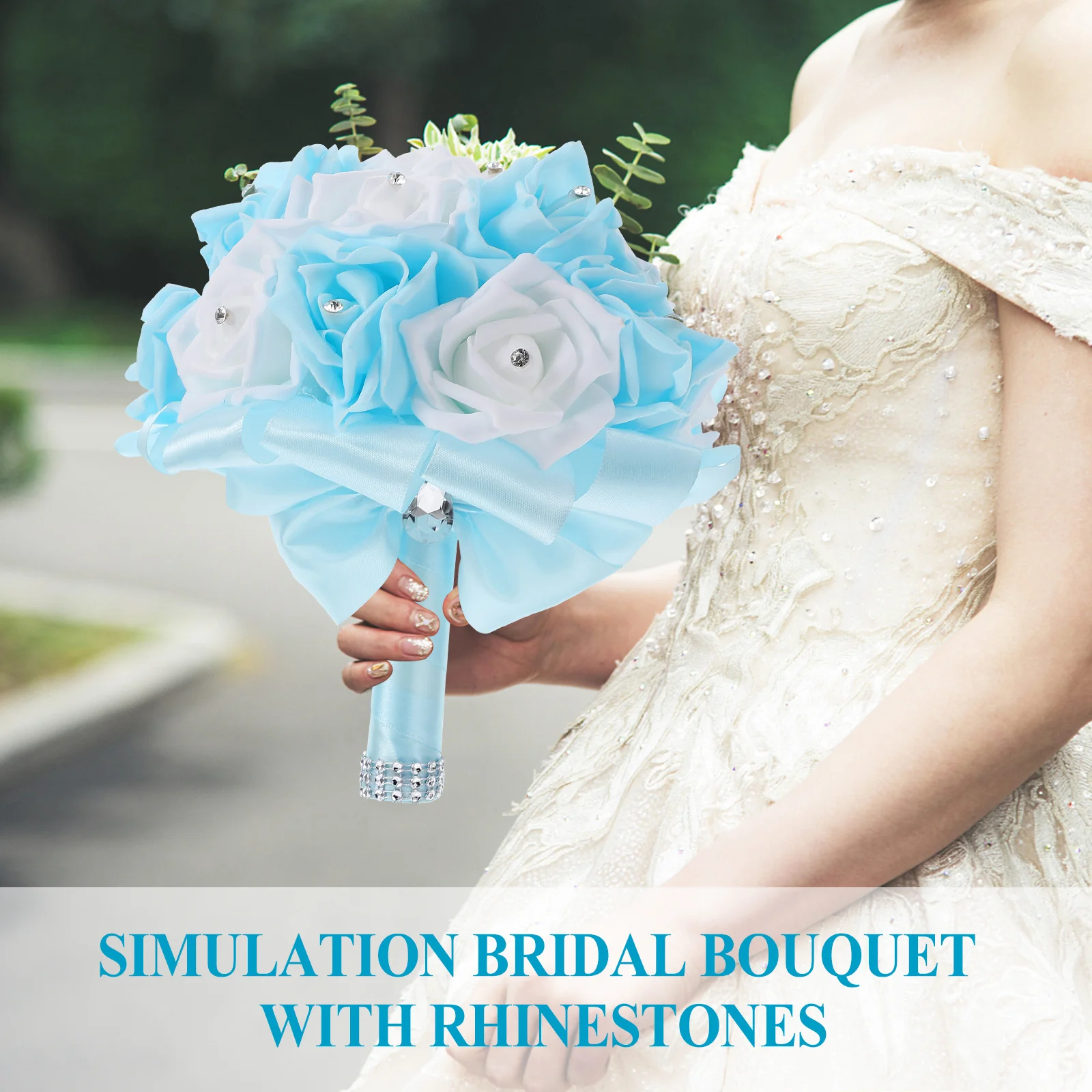 

Rhinestone Bouquet Romantic Bridal Bouquets Party Delicate Elegant Wedding Bridesmaid Rose for Flower Cyan-blue