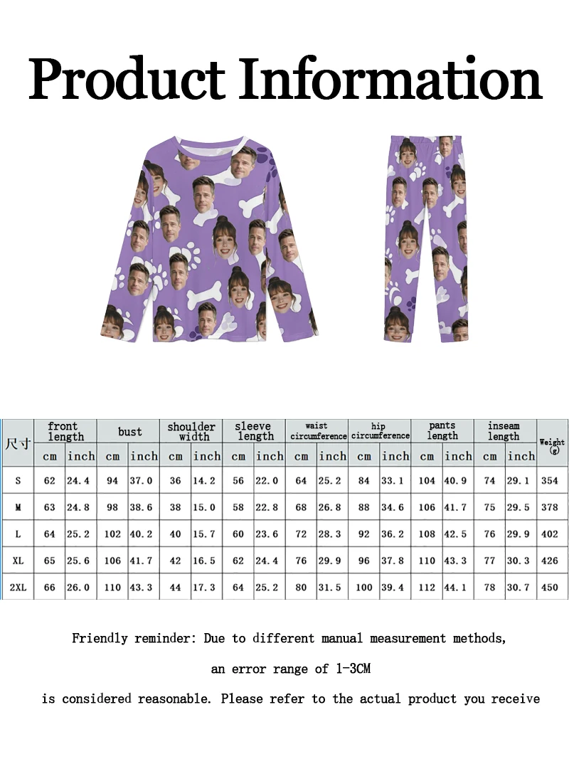 بيجامة نسائية مخصصة مع ملابس منزلية للوجه طقم بيجامة نسائي مخصص بأكمام طويلة بيجامة مخصصة مع بيجامة صور مخصصة للوجه