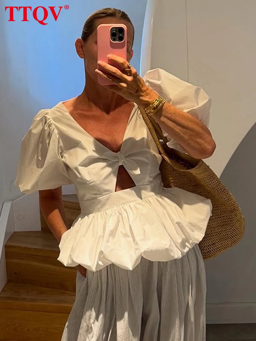 

TTQV Summer Loose White Cotton Women's Shirt 2026 Sexy V-Neck Short Sleeve Shirts Fashion Hollow Out Pleated Top Female Clothing