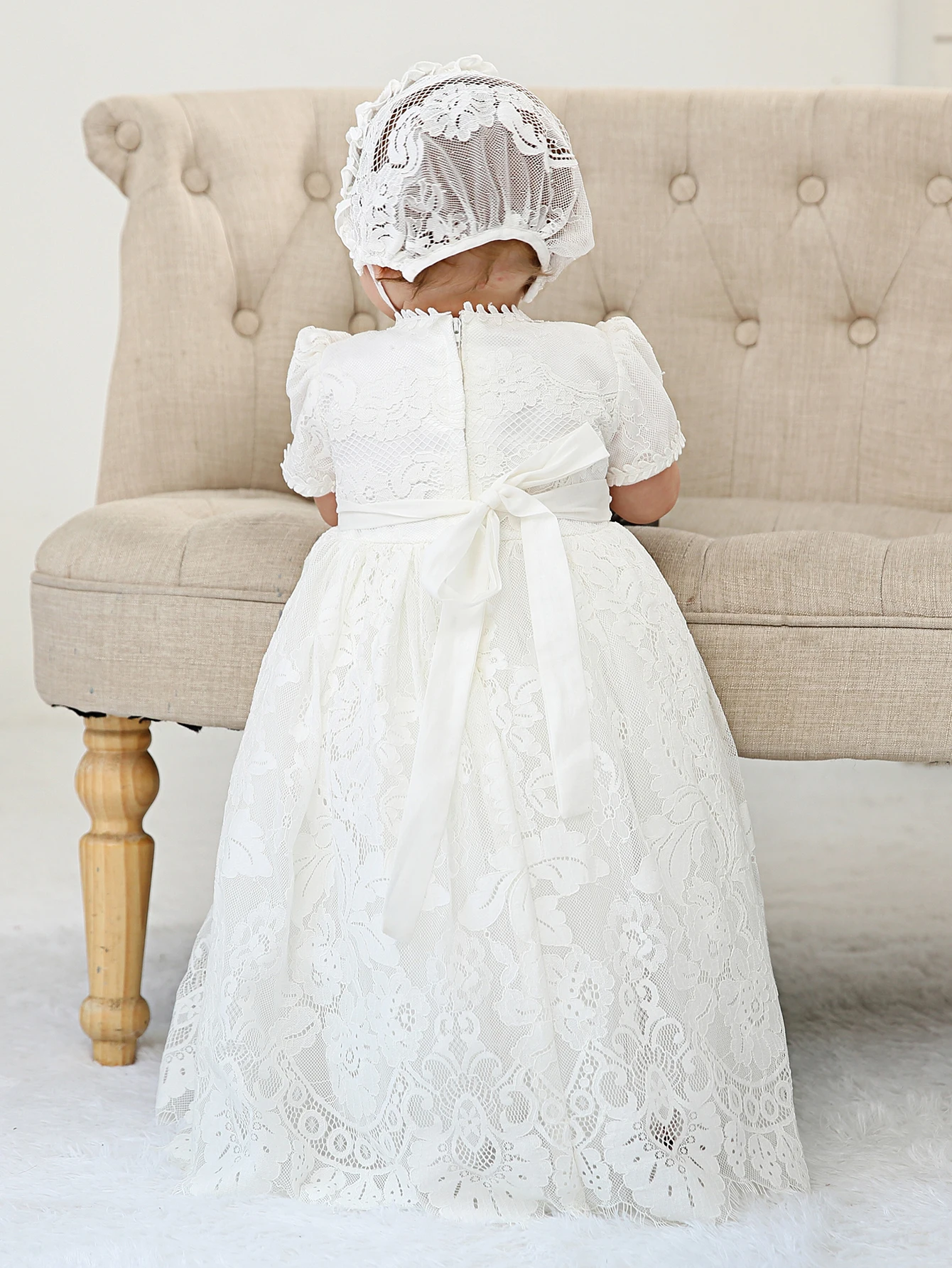 White Lace Satin Gown for Baby Girls 0-2 Years Old Wedding Flower Girl Dress 1st Birthday Party Long Baptism Dress With Hat