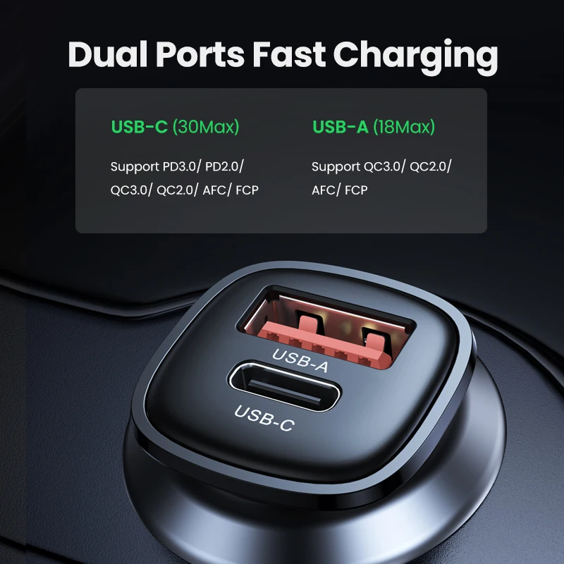 شاحن سيارة من UGREEN شاحن سريع 30 وات USB Type C شحن سريع PD QC 4.0 3.0 شحن سريع لآي فون 13 12 برو ماكس سامسونج شاحن سيارة للهاتف