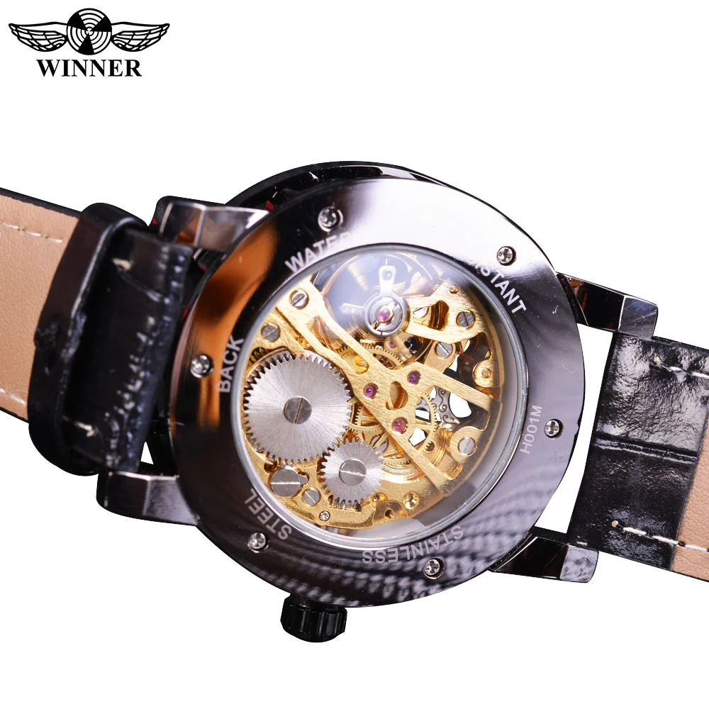 Winner Black Gold Male Clock Men Relogios Skeleton Mens Watches Top Brand Luxury Montre Leather Wristwatch Men Mechanical Watch