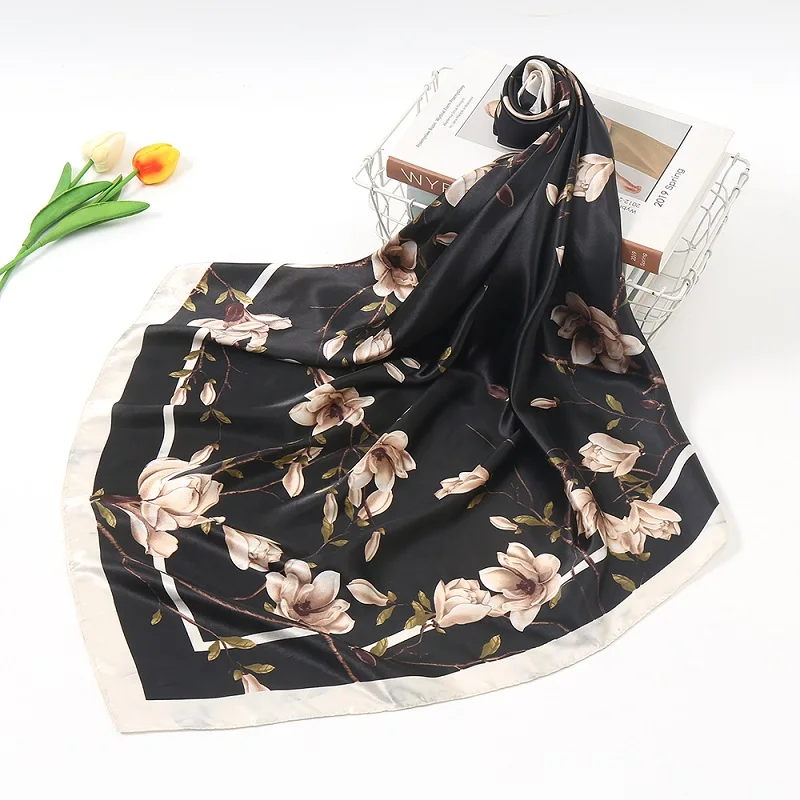 Luxury Floral Print Silk Square Scarf Women Soft Satin Kerchief Hairband Head 2024 Hijab Lady Headband Foulard Bag Ribbon