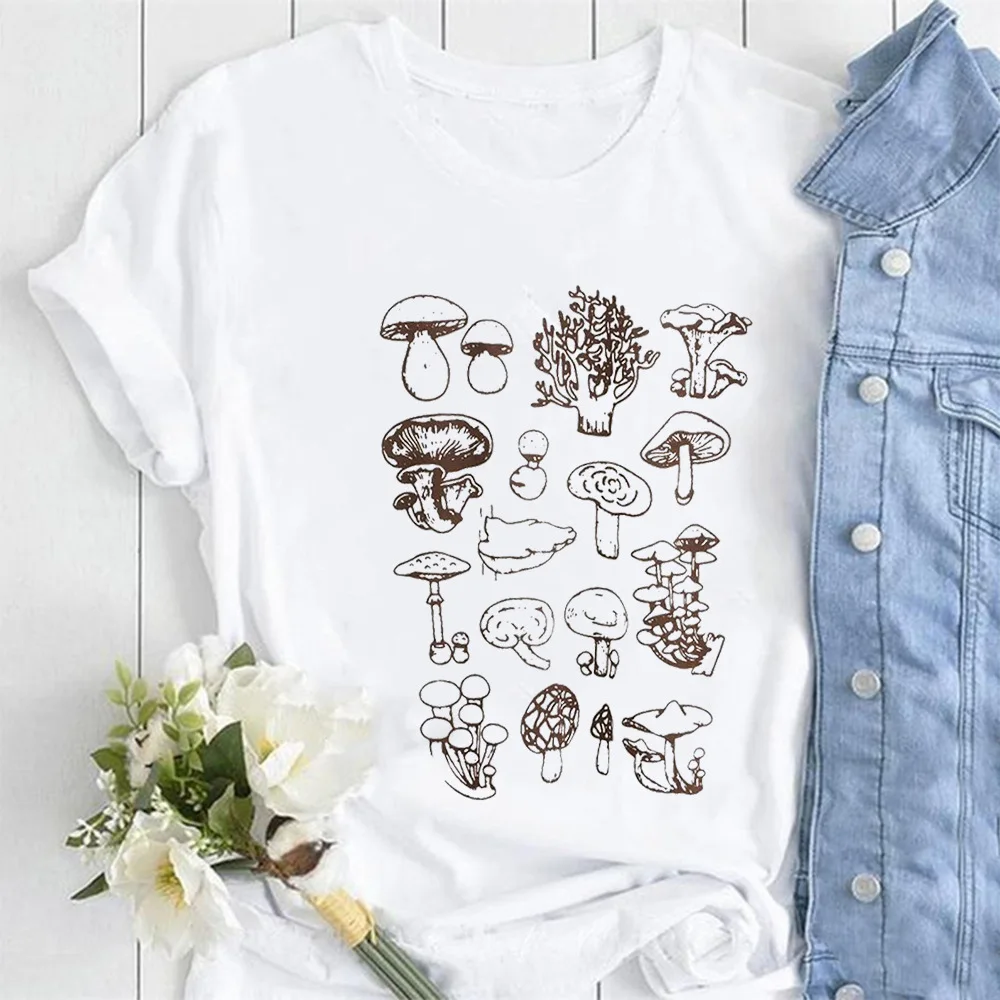 Women O Neck T Shirt Vintage Mushroom Sketch Print Short Sleeve Casual Ladies Summer Nature Fashion Tees Tops