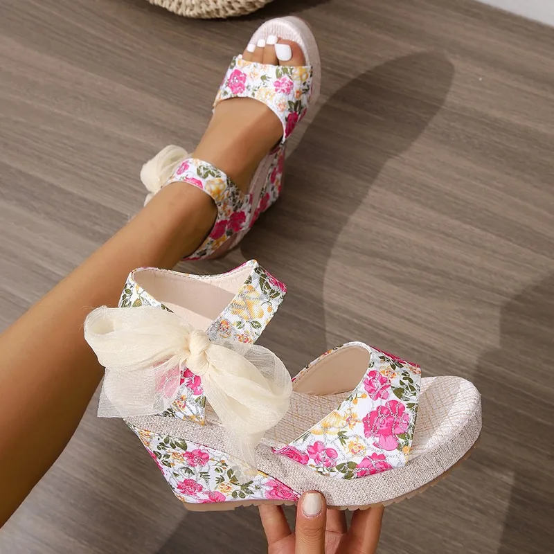 2026 Fashion Open Toe Lace Up Wedge Women's Sandals Summer Print Round Toe Thick Soled Casual Women Shoes Сандалии Для Девочек