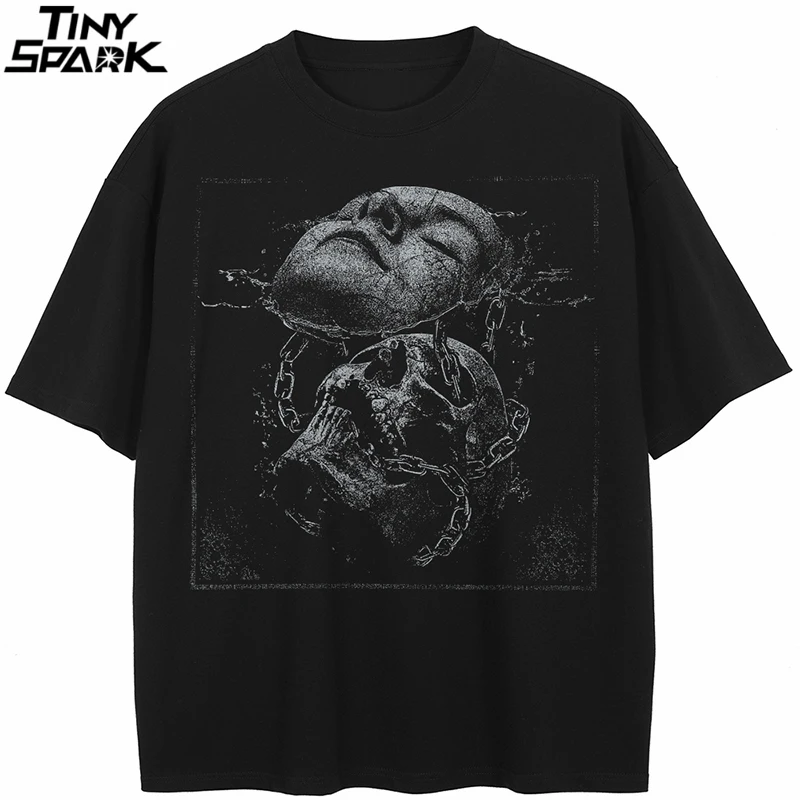 T-Shirt Streetwear Skull Mask Vintage Graphic T Shirt Cotton Hipster Men Tshirt Unisex Black Casual Tops Tees Hip Hop