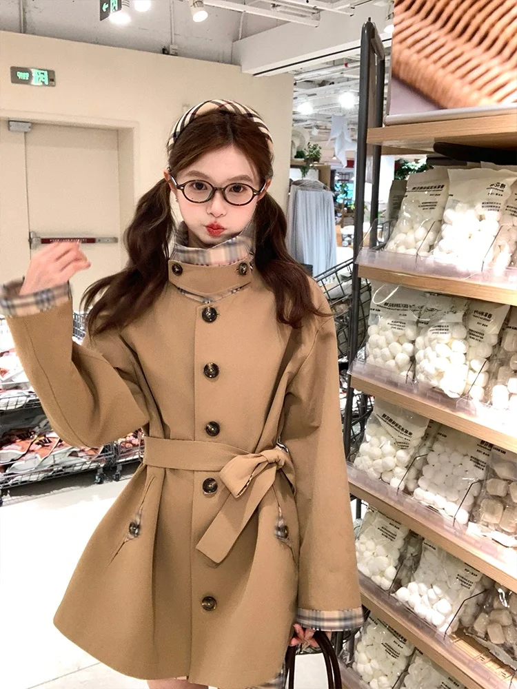 

Berlin Autumn Day Ele Plaid Coat Duster Windbreaker Women's Loose Fit Cotton Polyester Long Sve Button up Coat