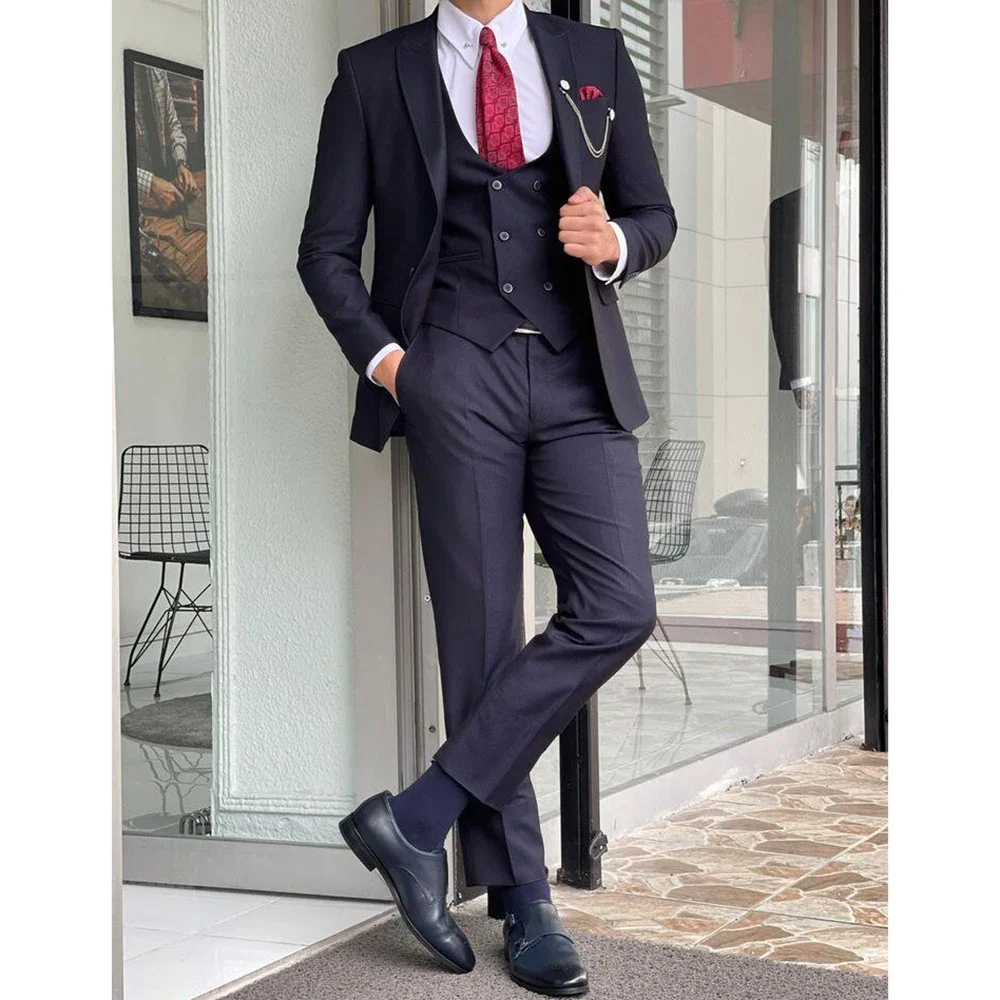 Navy Blue High-end Men Suit Slim Fit Peak Lapel 3 Pieces(Jacket+Pants+Vest) Male Formal Wedding Party Set