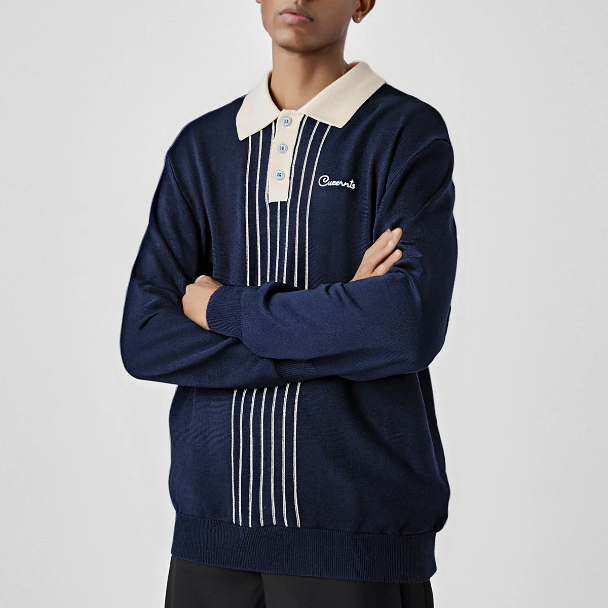 الرجال الخريف موضة شريط إلكتروني التطريز Vintage فضفاض بلوزة كاجوال محبوك قميص بولو سترة رجل البلوز تريكو القمم