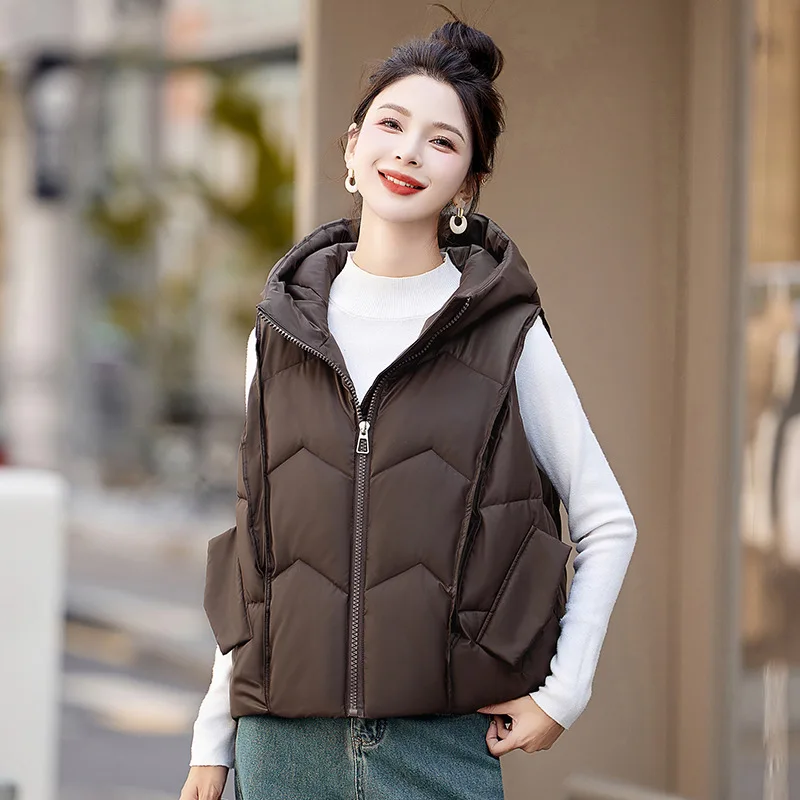 2024 Winter New Down Vest Women Casual Hooded Autumn Warm Sleeveless Waistcoat Jacket Female Cotton Vest Parkas Chaleco Mujer