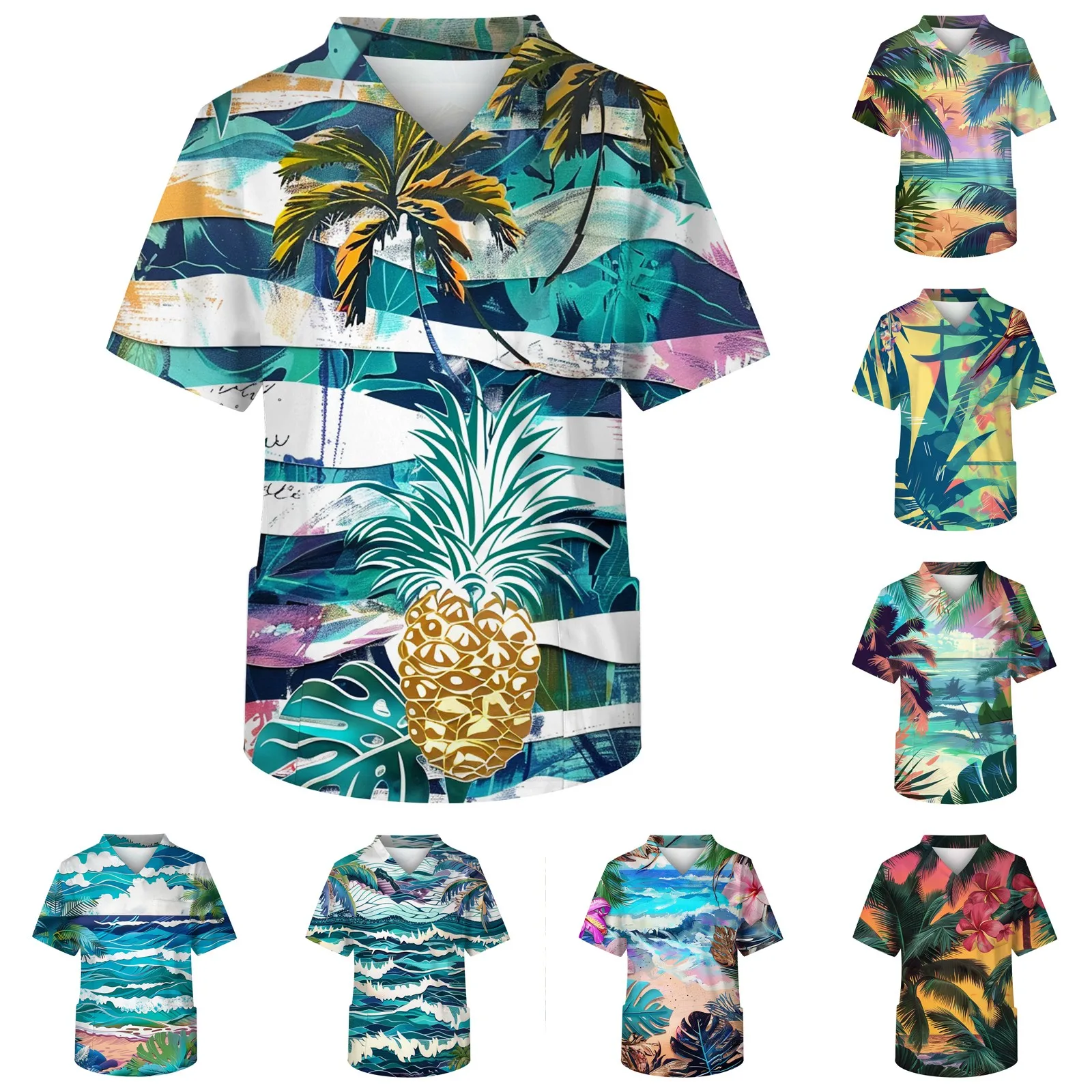 2024 Trendy Printed Tops Men'S Short Sleeve V Neck Hawaii Seaside Print Tops With Chest Pocket Fashion Large Size Carer Top